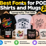 Best fonts for print-on-demand T-shirts and mugs, featuring typography styles and design examples