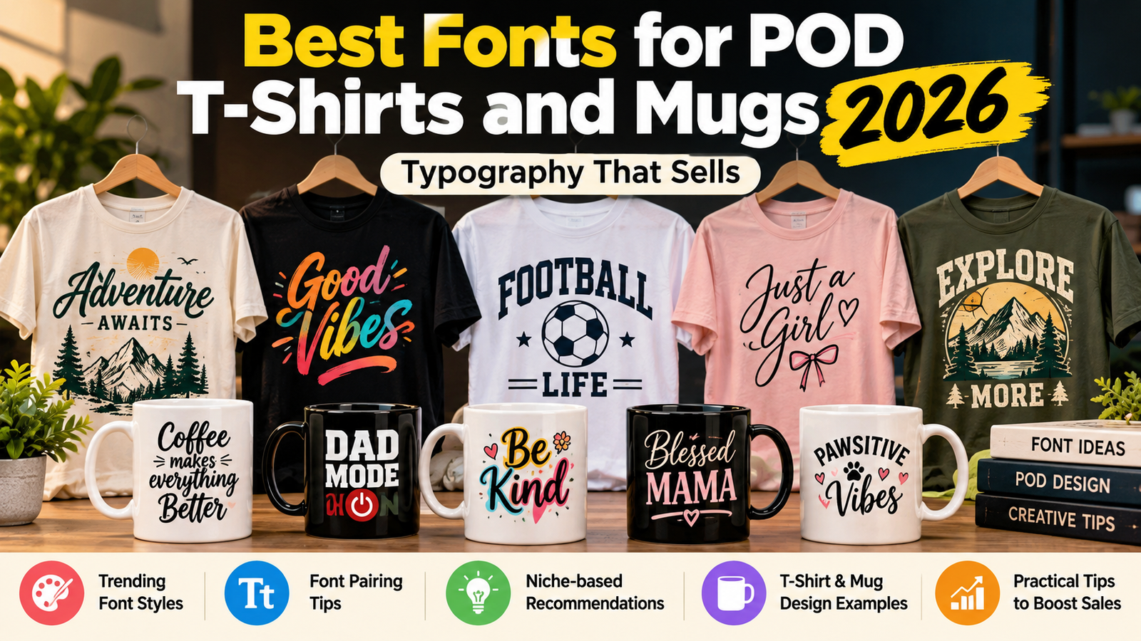 Best fonts for print-on-demand T-shirts and mugs, featuring typography styles and design examples