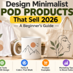 Minimalist print-on-demand products including a botanical T-shirt, illustrated mug, and canvas tote bag.