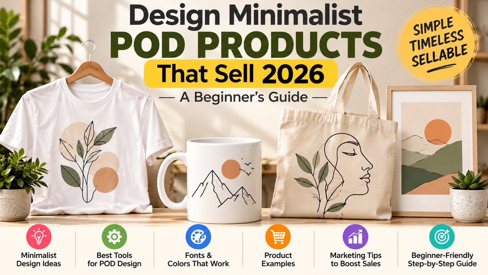 Minimalist print-on-demand products including a botanical T-shirt, illustrated mug, and canvas tote bag.