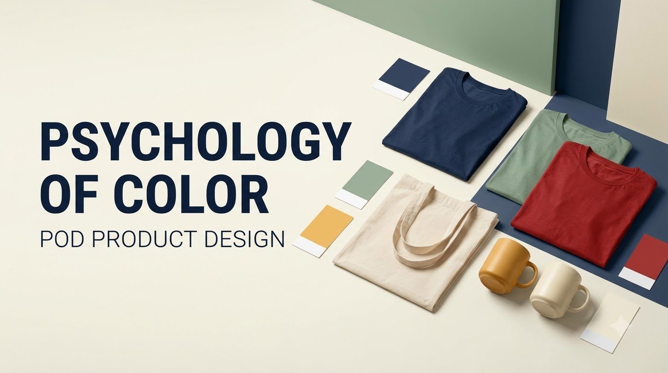 Psychology of colors in print-on-demand product design featuring colorful T-shirts, mugs, and a tote bag.